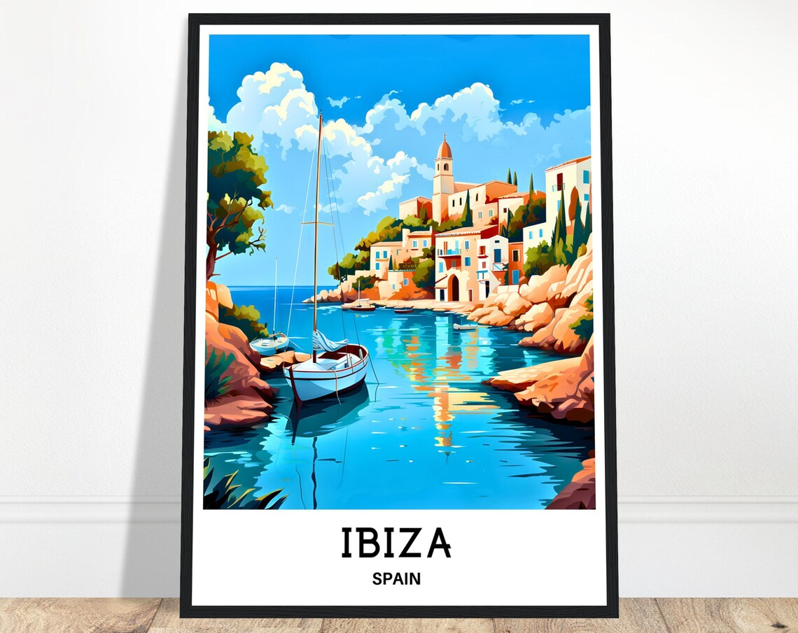 Ibiza Spain Harbor Sailboats Old Town Church Vintage Travel Poster