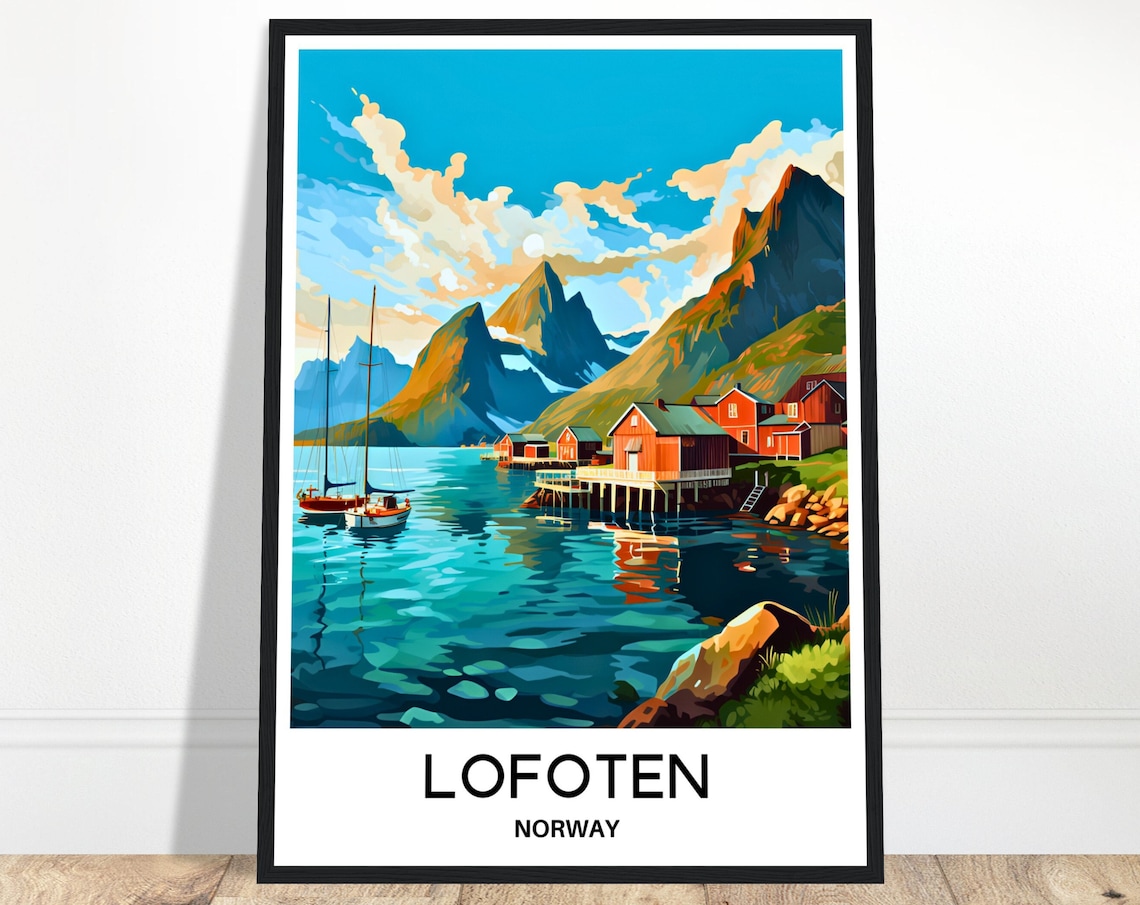 Lofoten Norway Red Fishing Cabins on the Harbor Sailboats Poster