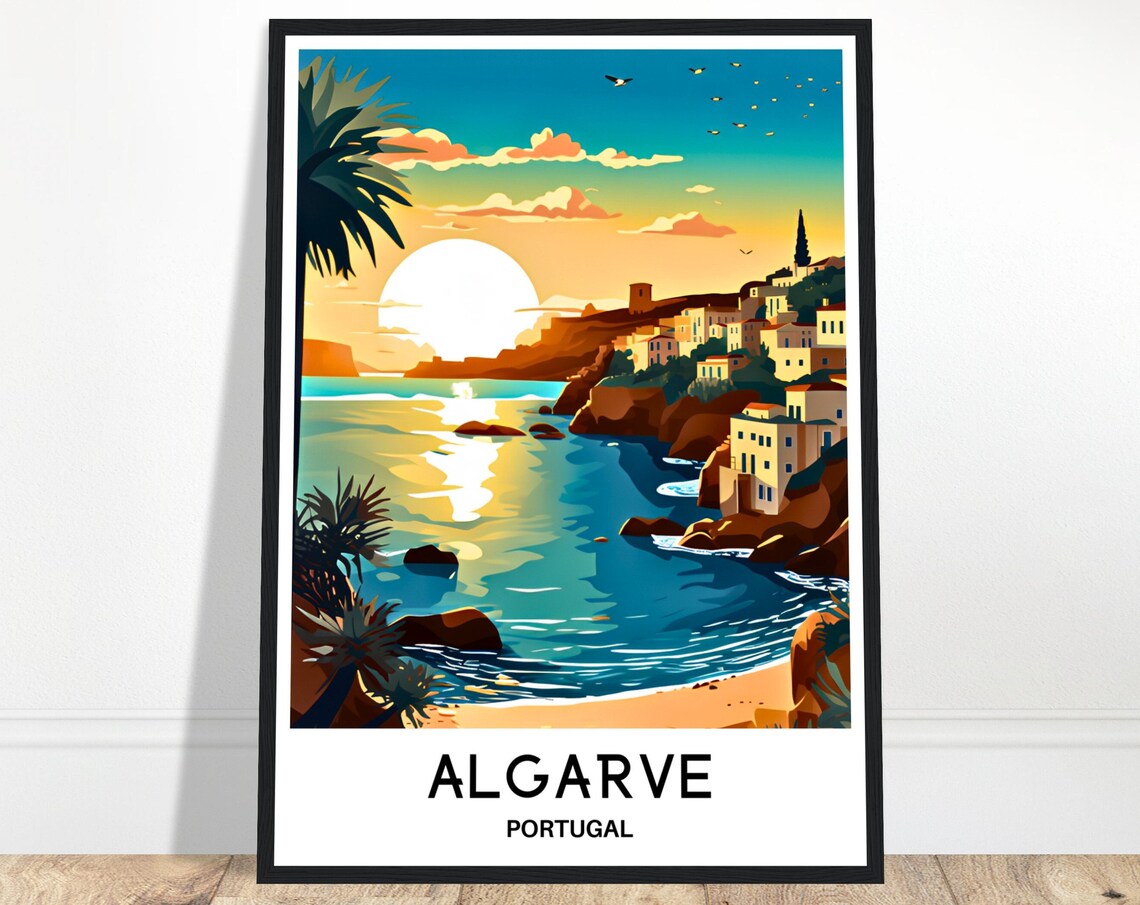 Algarve Portugal Cliffside Town Golden Sunset Coast Travel Poster