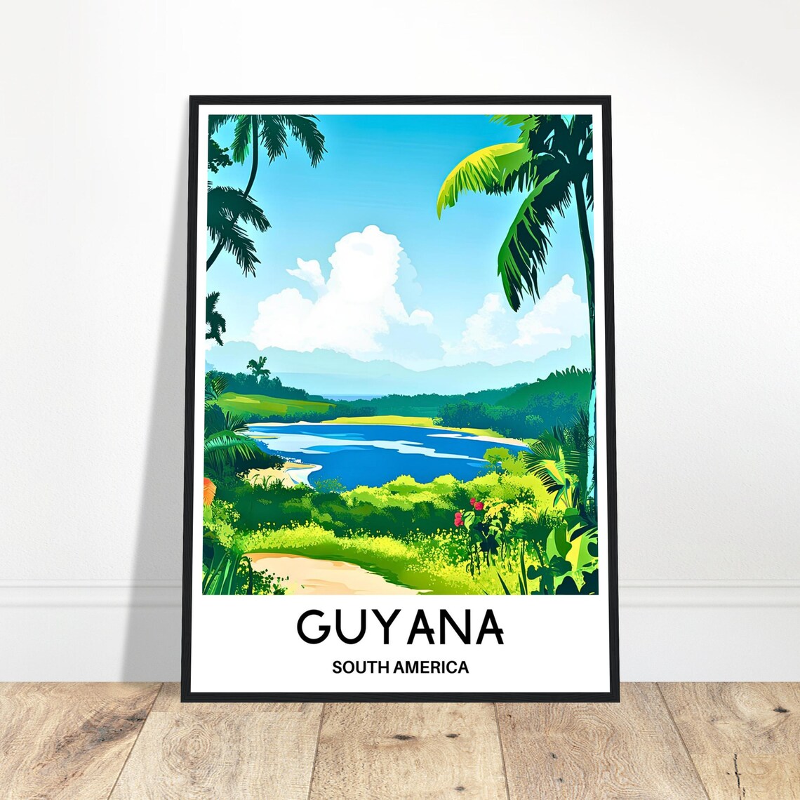 Guyana South America Lush Tropical River Palm Trees Travel Poster