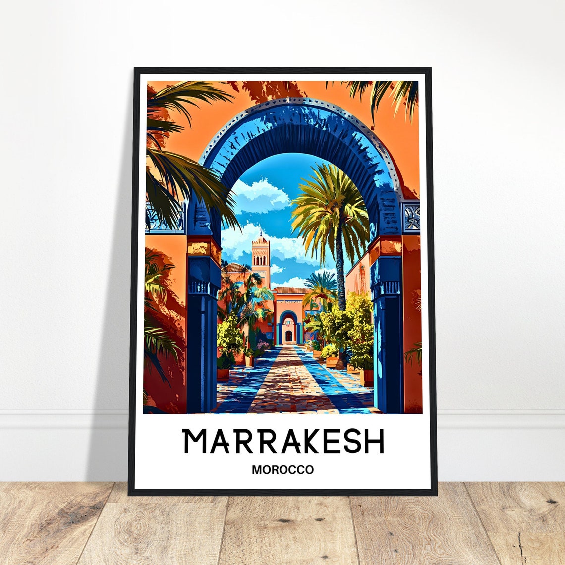 Marrakesh Morocco Blue Arch Palm Tree Courtyard Travel Poster