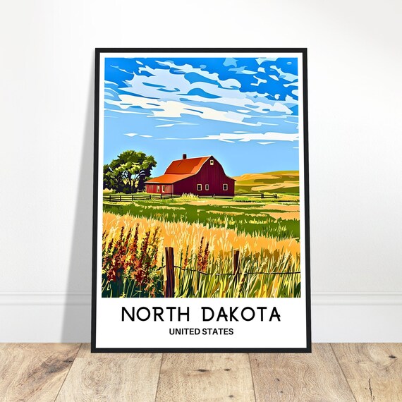 North Dakota Travel Print Poster Art United States Lover Gift Wall Hanging Home Office Room Decor Illustration