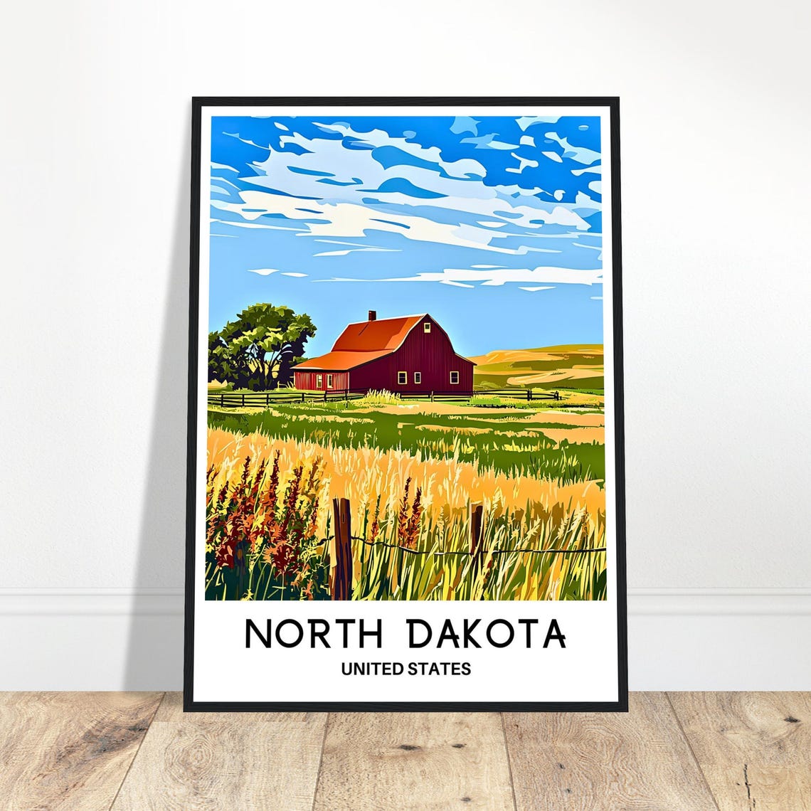 North Dakota Red Barn and Wheat Field Under Big Sky Travel Poster
