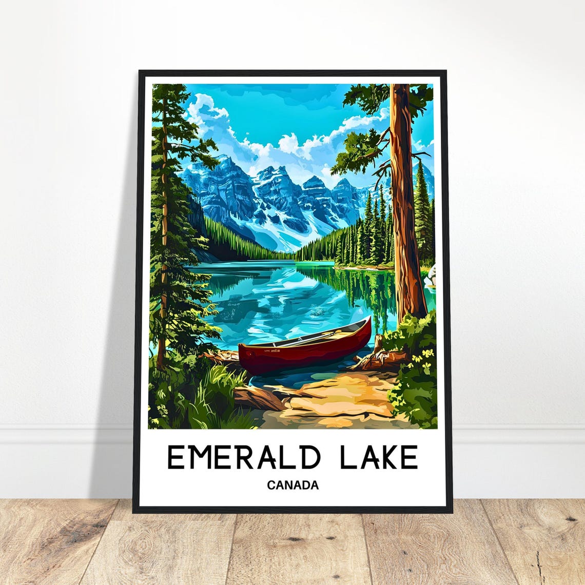 Emerald Lake Canada Travel Poster With Red Canoe And Snowy Peaks