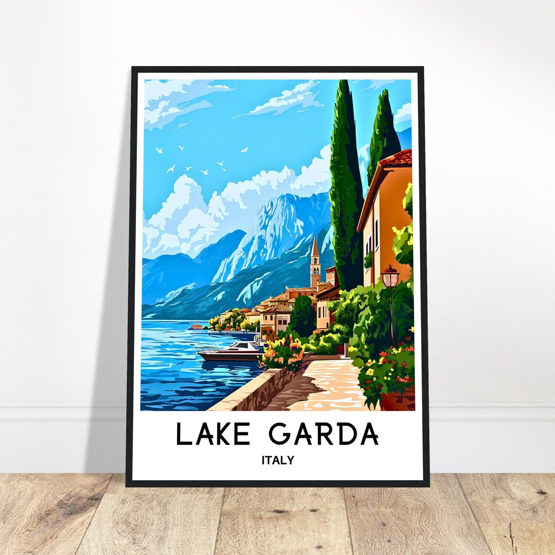 Lake Garda Italy Lakeside Town And Cypress Trees Travel Poster