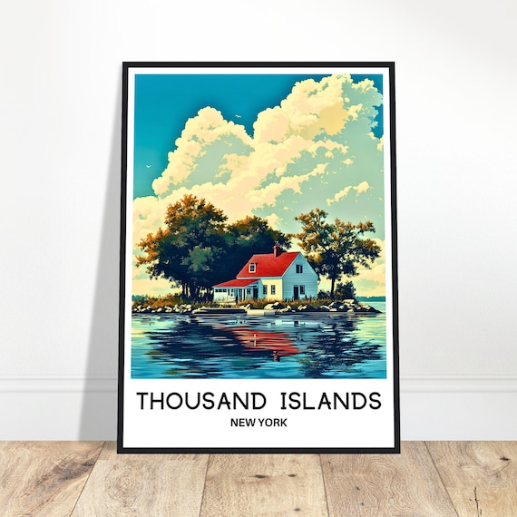 Thousand Islands New York Vintage Travel Poster Lakeside Cottage Art