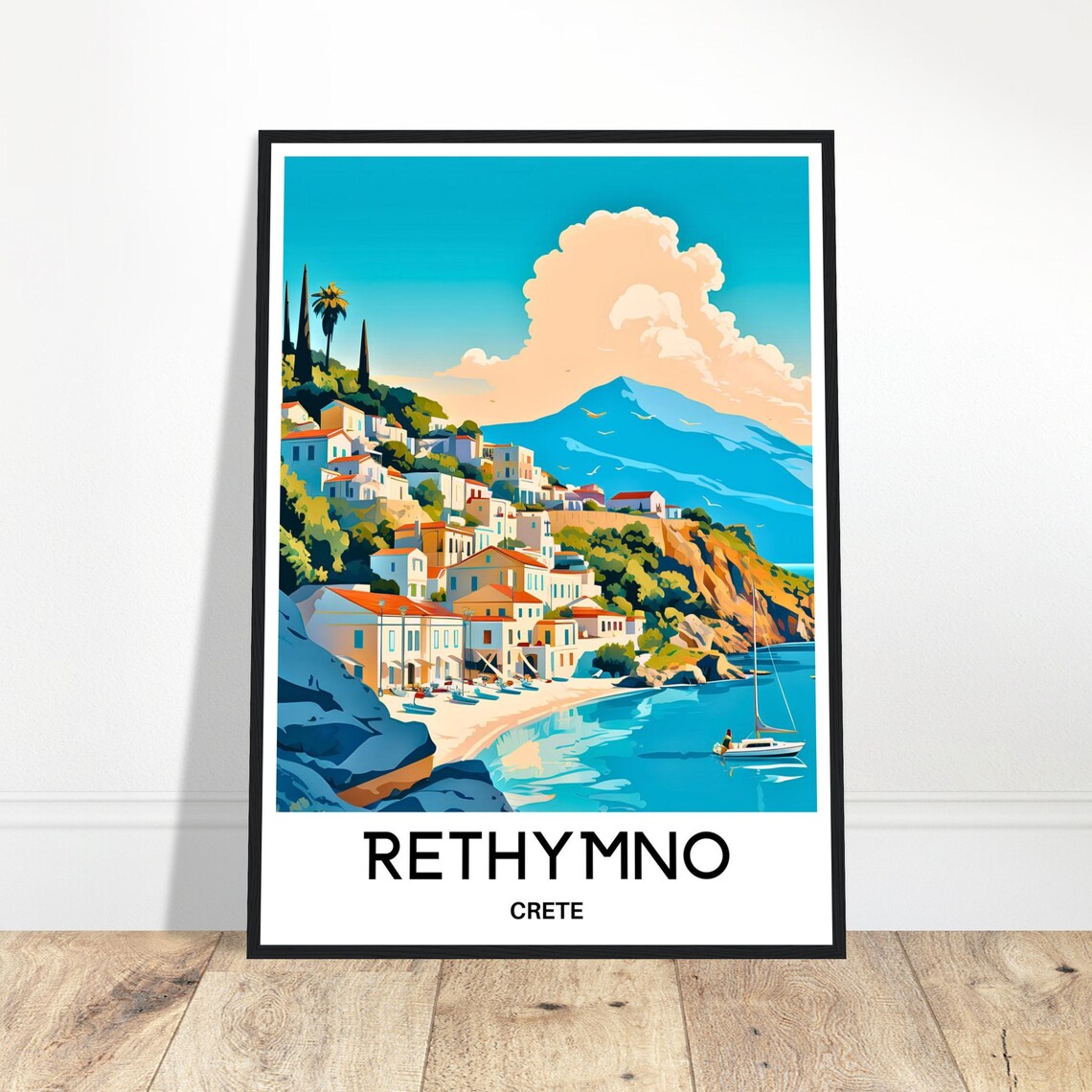 Rethymno Crete Greece Coastal Town Harbor Sailboat Travel Poster