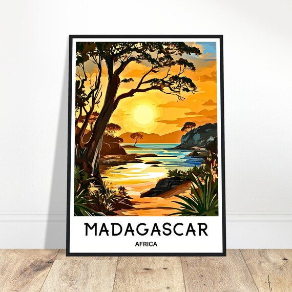 Madagascar Africa Sunset Cove Travel Poster with Golden Ocean View
