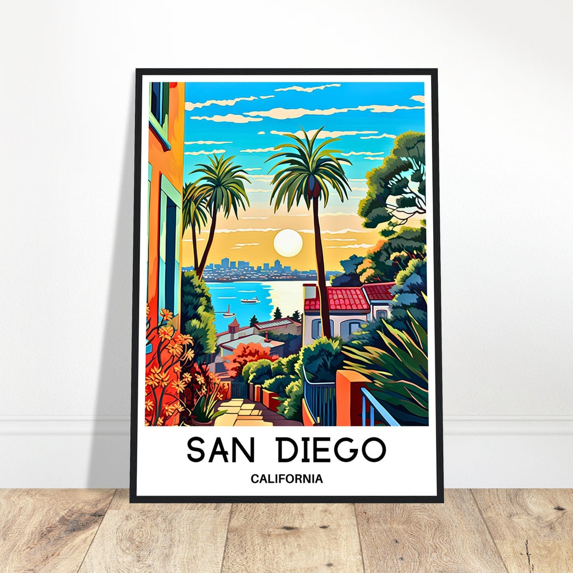 San Diego California Sunset Over Bay With Palm Trees Travel Poster
