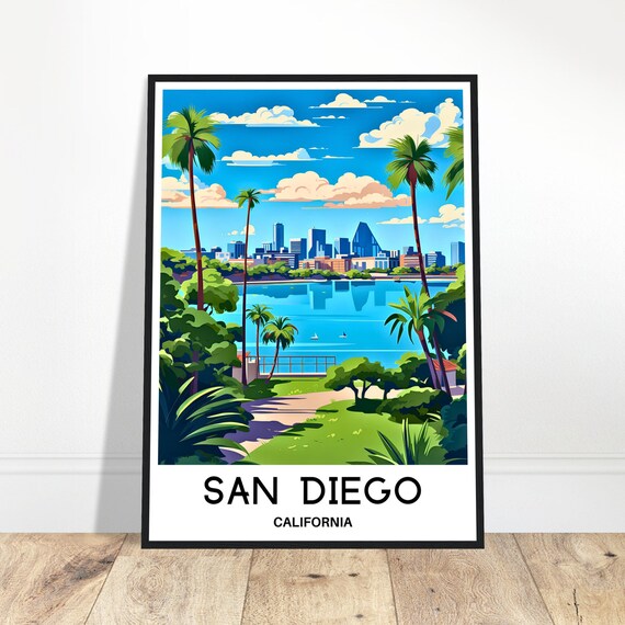San Diego California Downtown Skyline Palms Bay Vintage Travel Poster