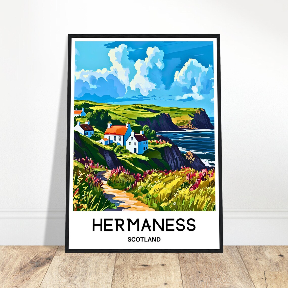 Hermaness Scotland Coastal Cliffs Cottages Illustrated Travel Poster
