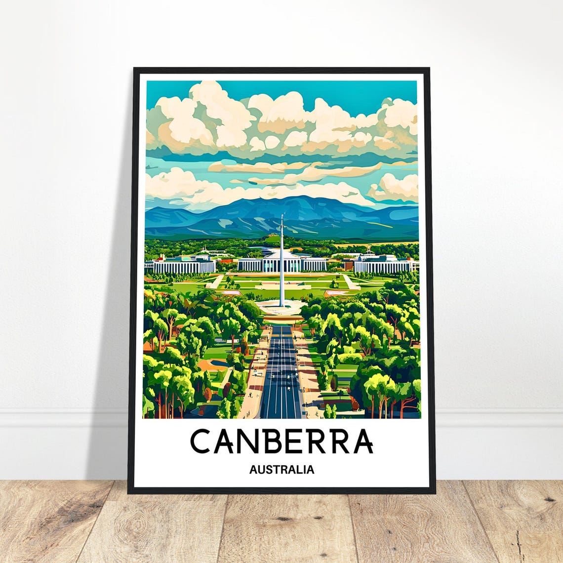 Canberra Australia Lakeside Swans City Skyline Travel Poster