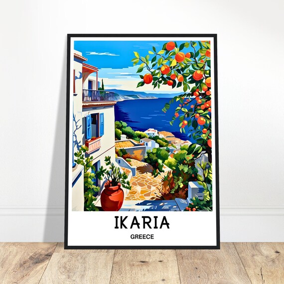 Ikaria Travel Print Icaria Poster Greek Art Greece Lover Gift Wall Hanging Home Office Desk Decor Island Illustration