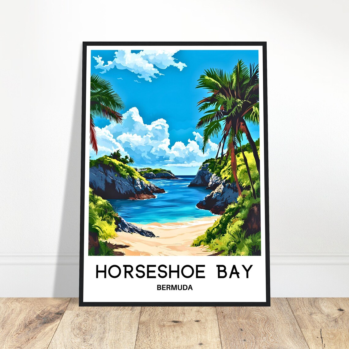 Horseshoe Bay Bermuda Sandy Beach Cove Palm Trees Cliffs Travel Poster