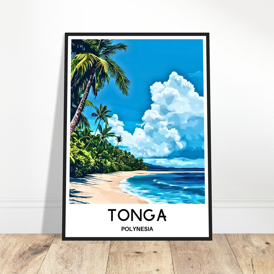 Tonga Polynesia Tropical Beach Palm Trees Illustration Poster