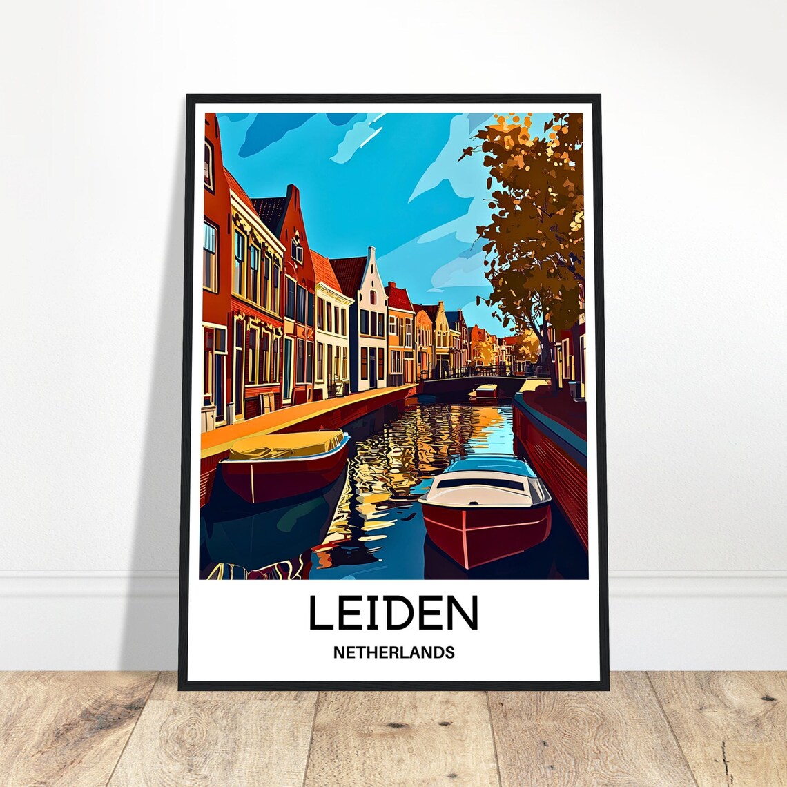 Leiden Netherlands Canal Travel Poster with Boats and Historic Houses