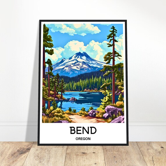 Bend Oregon Alpine Mountain Lake Travel Poster with Snow Peak
