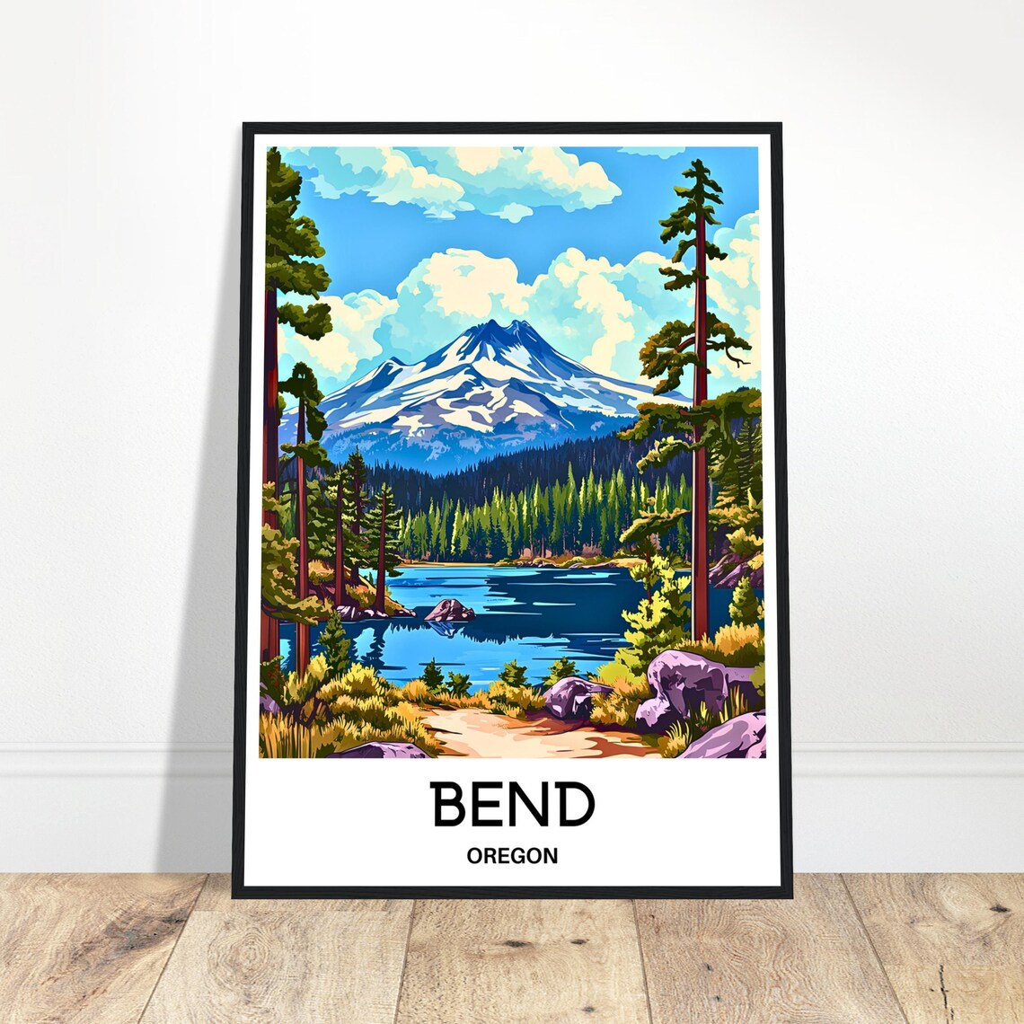 Bend Oregon Alpine Mountain Lake Travel Poster with Snow Peak