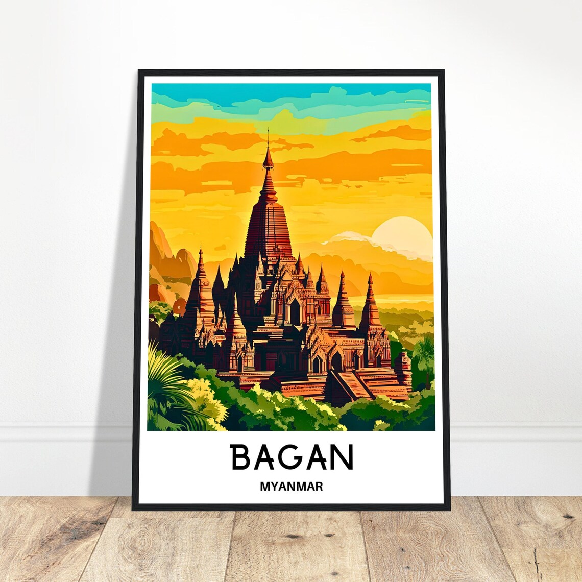 Bagan Myanmar Ancient Temple Golden Sunset Travel Poster Pagoda