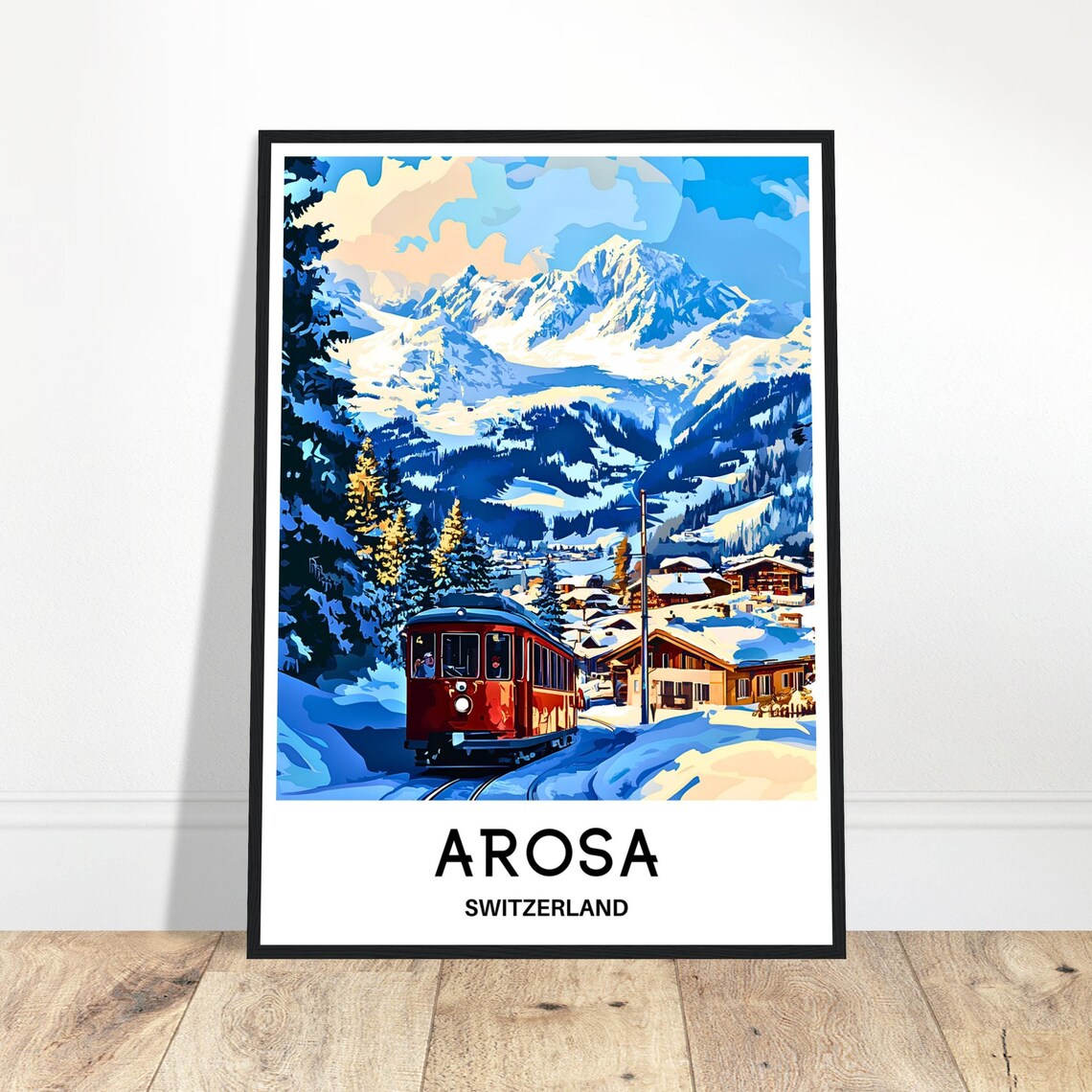 Arosa Switzerland Snowy Ski Village Red Train Alpine Scene Poster