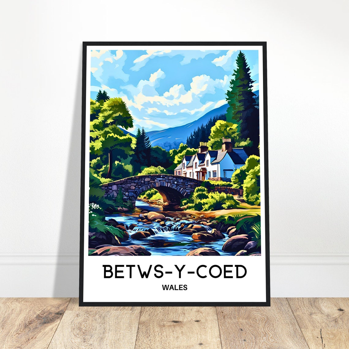 Betws Y Coed Wales Stone Bridge River Travel Illustration Poster
