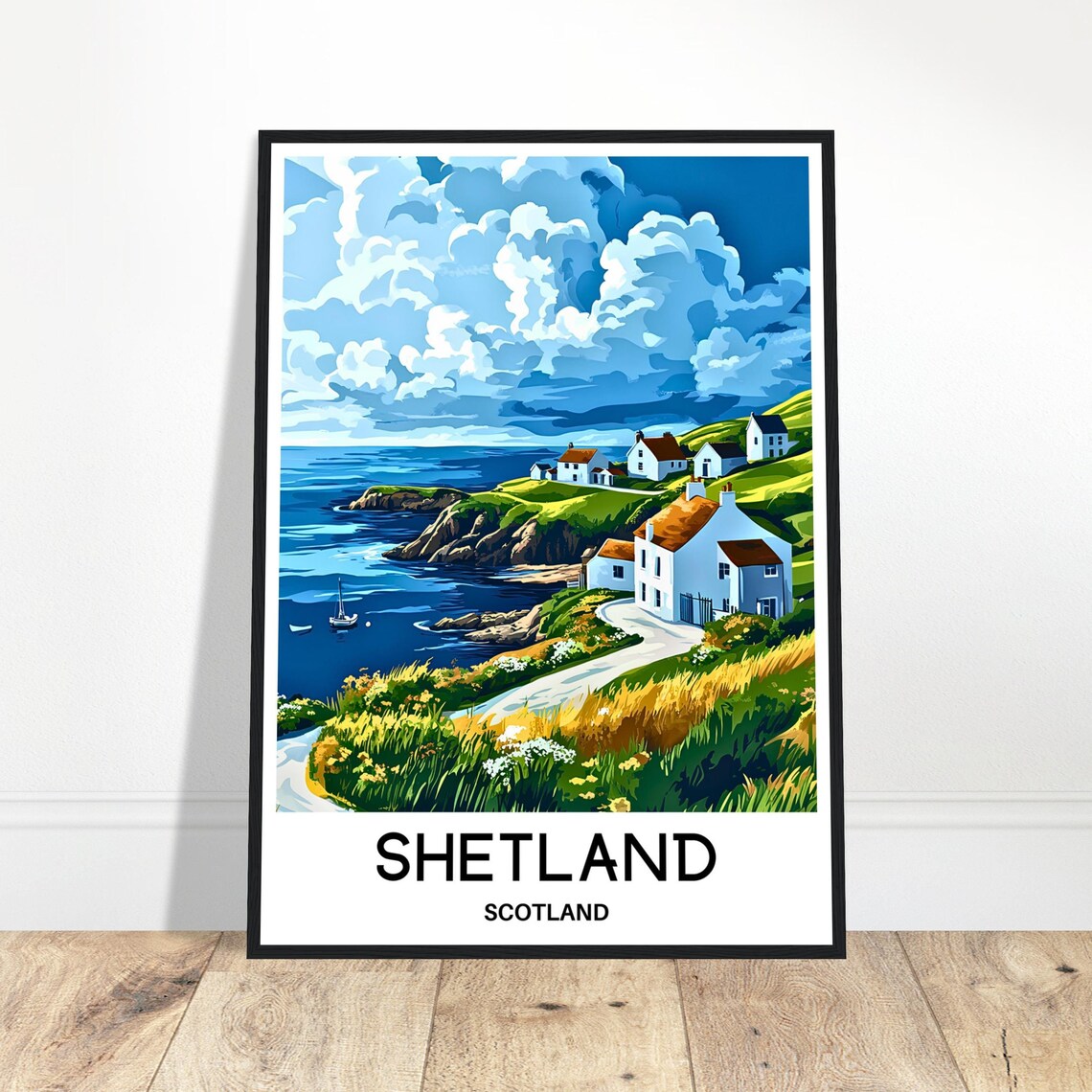 Shetland Scotland White Crofts on Green Coastal Headland Poster