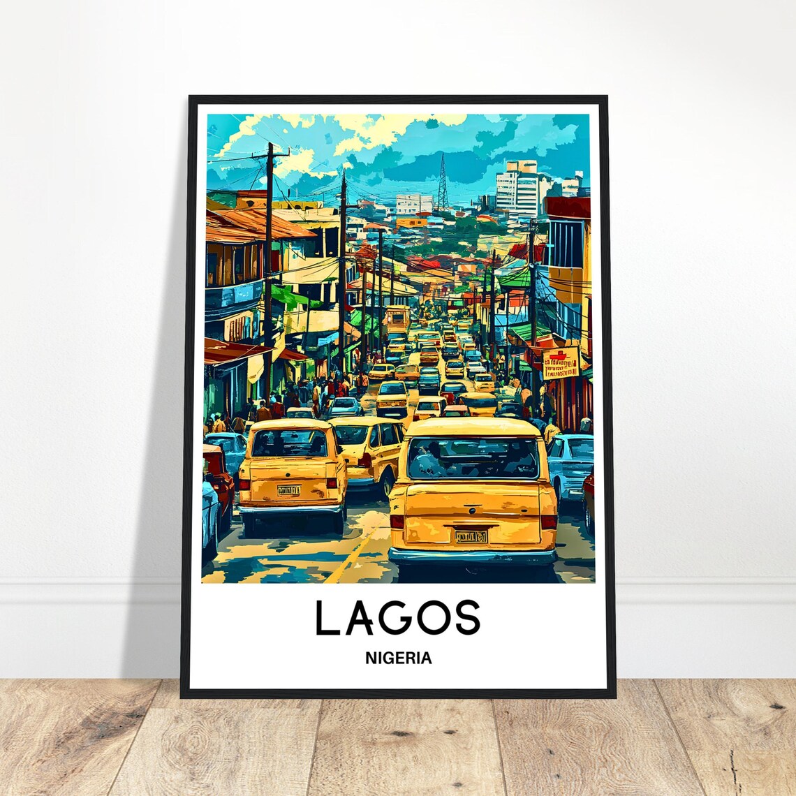 Lagos Nigeria Bustling Street Scene With Yellow Buses City Poster