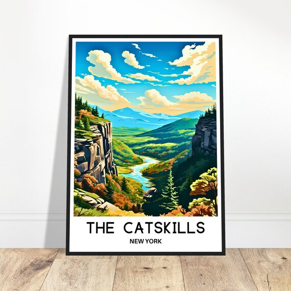 The Catskills New York Mountains Autumn River Valley Travel Poster