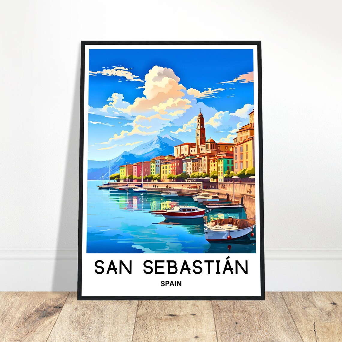 San Sebastian Spain Colorful Harbor Boats Waterfront Travel Poster