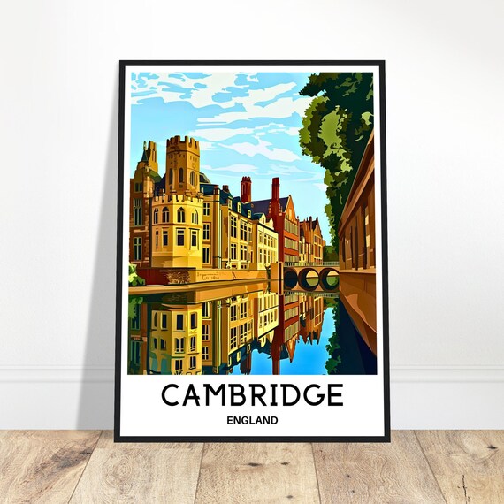 Cambridge Travel Print Poster English Art England Lover Gift Wall Hanging Home Office Decor City Illustration