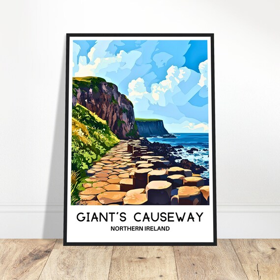 Giants Causeway Travel Print Poster Irish Art North Ireland Lover Gift Wall Hanging Illustration Home Decor