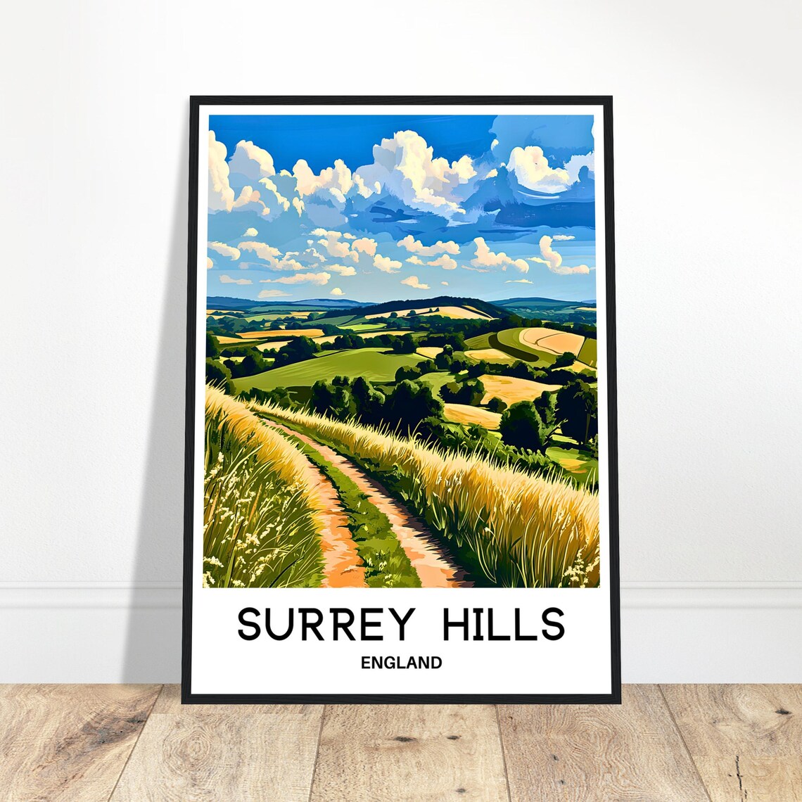 Surrey Hills England Golden Field Path Vintage Travel Art Poster