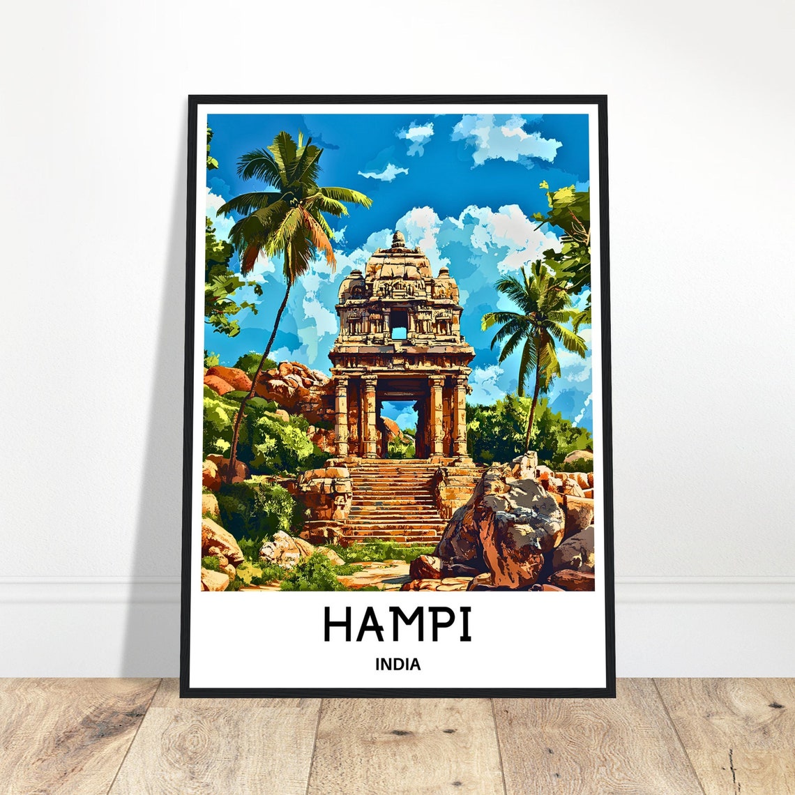Hampi India Ancient Stone Temple Palms and Boulder Hills Poster
