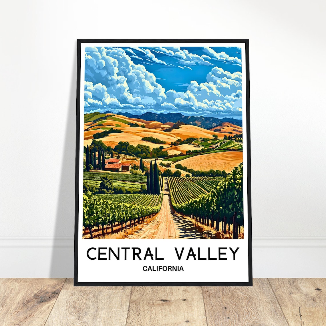 Central Valley California Vineyard Rows and Golden Hills Travel Poster