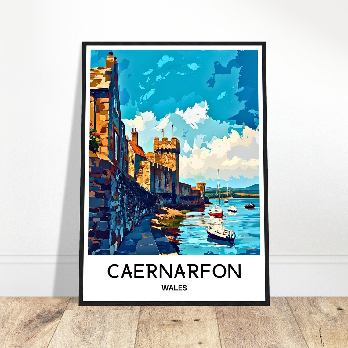 Caernarfon Wales Castle Harbor Sailing Boats Sunset View Poster