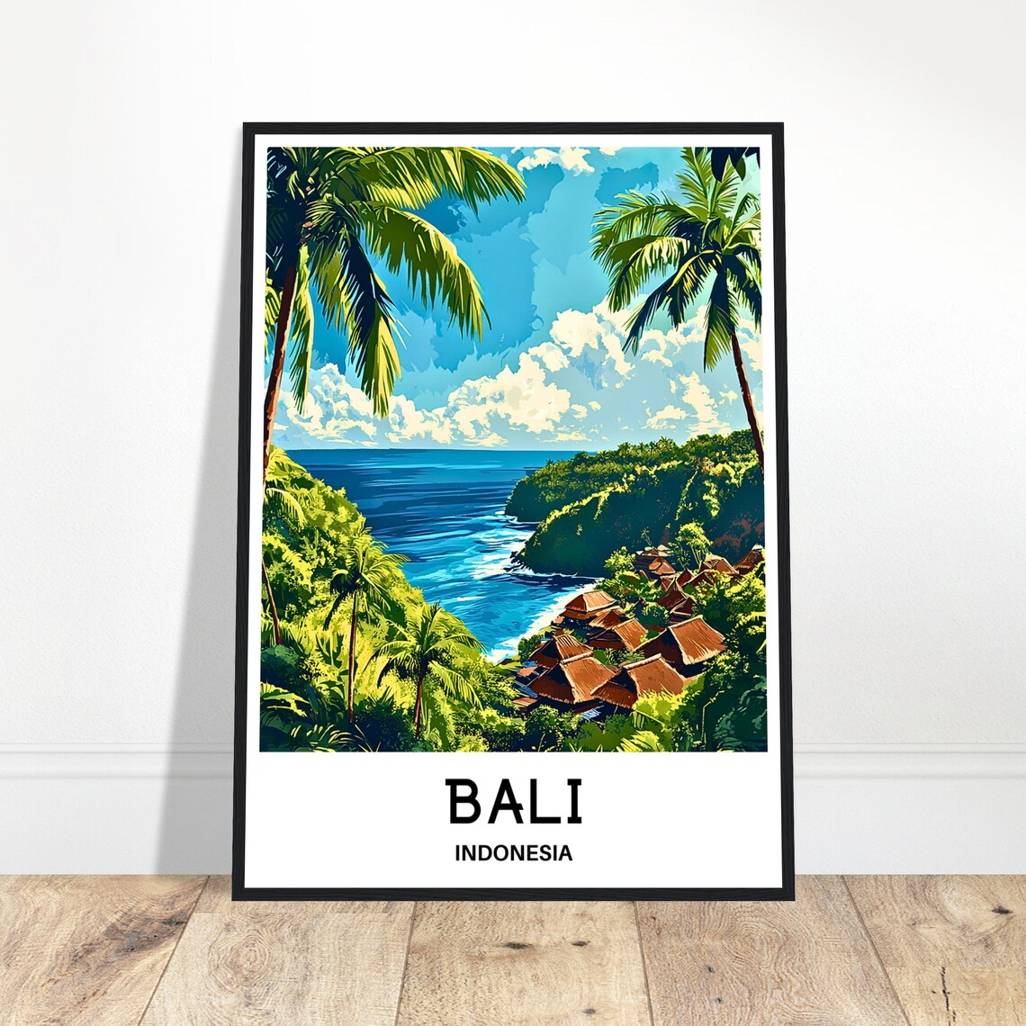 Bali Indonesia Palm Framed Tropical Cove With Village Roofs Travel Poster