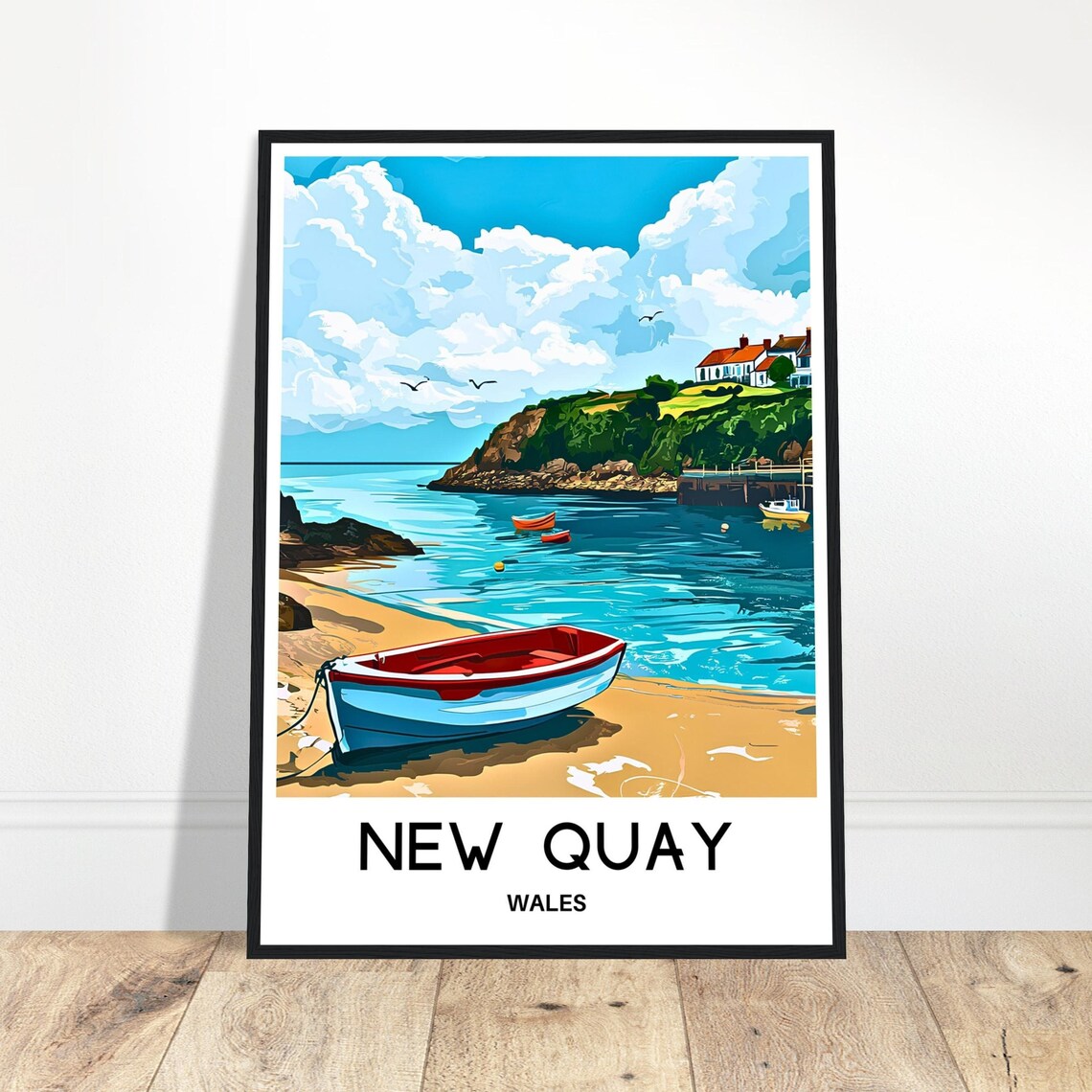New Quay Wales Beach Red Rowboat Sandy Cove Seaside Scene Poster
