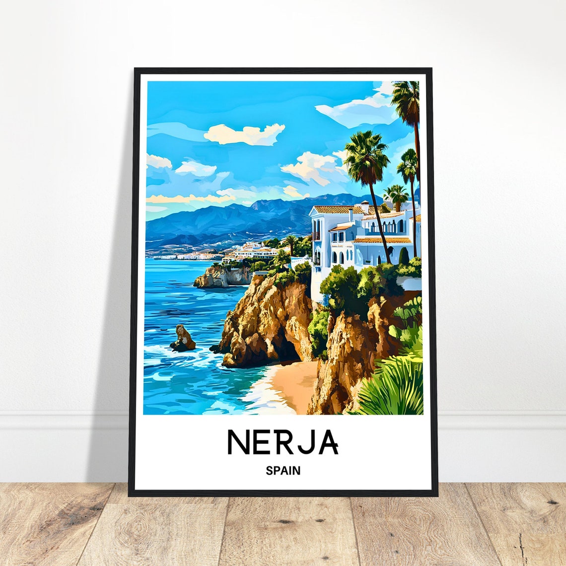 Nerja Spain Coastal Cliffs White Village Vintage Travel Art Poster