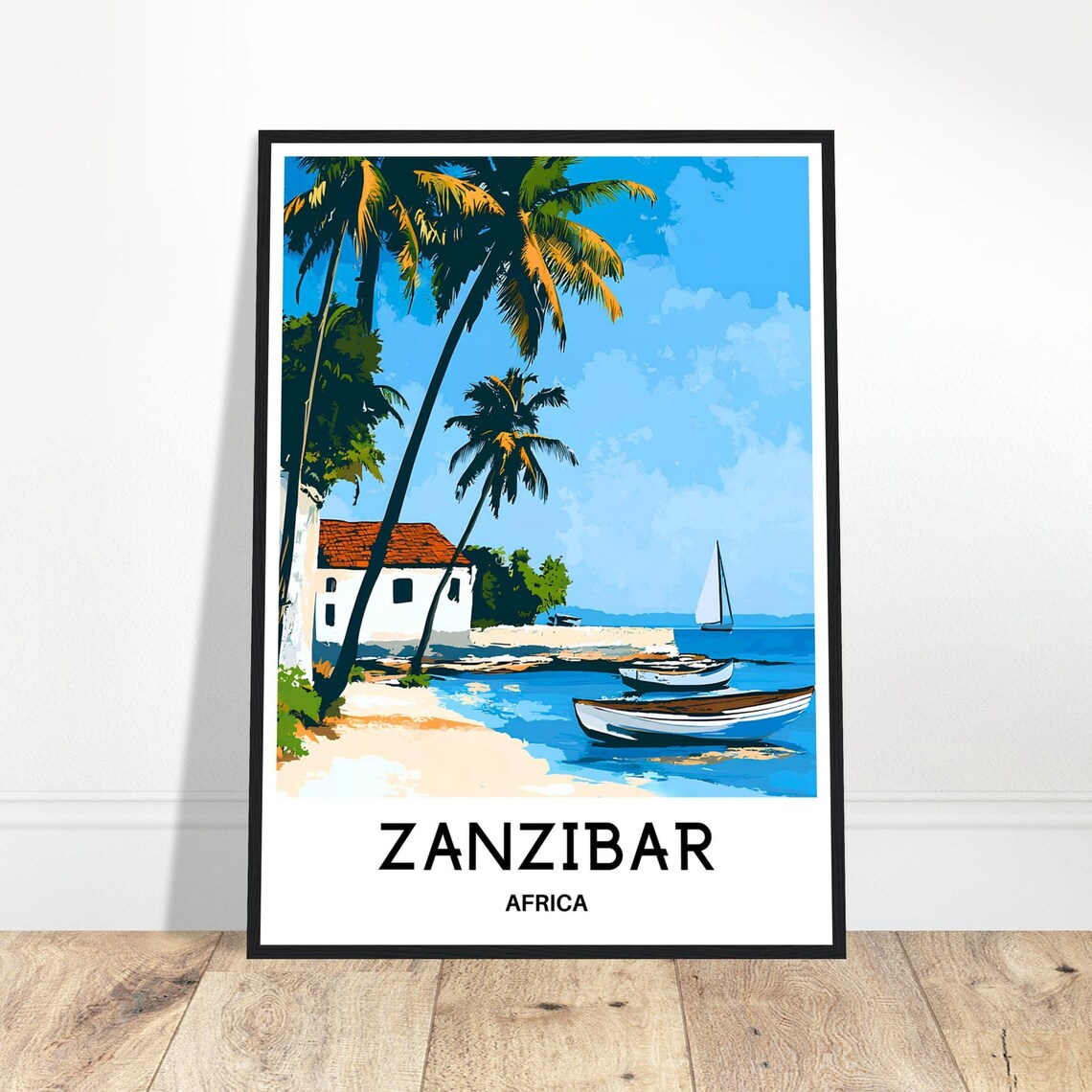 Zanzibar Africa Palm Beach Boats And Sailboat Island Scene Poster