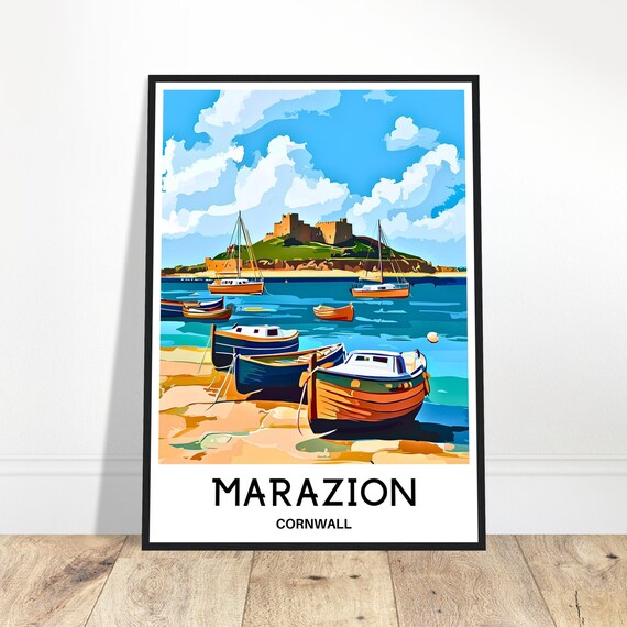 Marazion Travel Print Poster English Art England Lover Gift Wall Hanging Home Office Room Decor Illustration