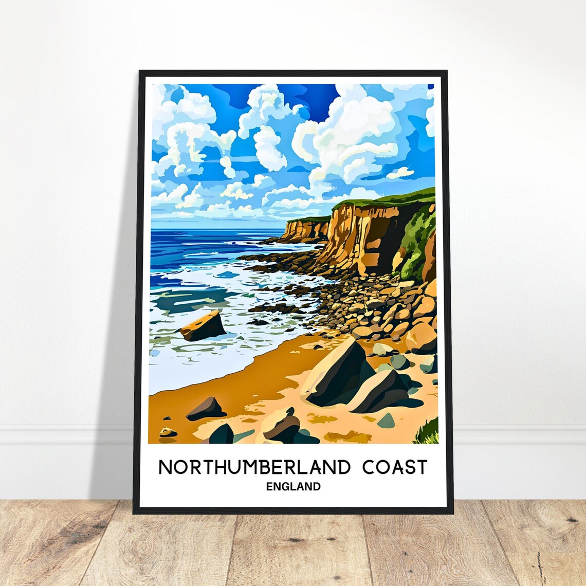 Northumberland Coast England Rocky Cliffs Beach Travel Poster