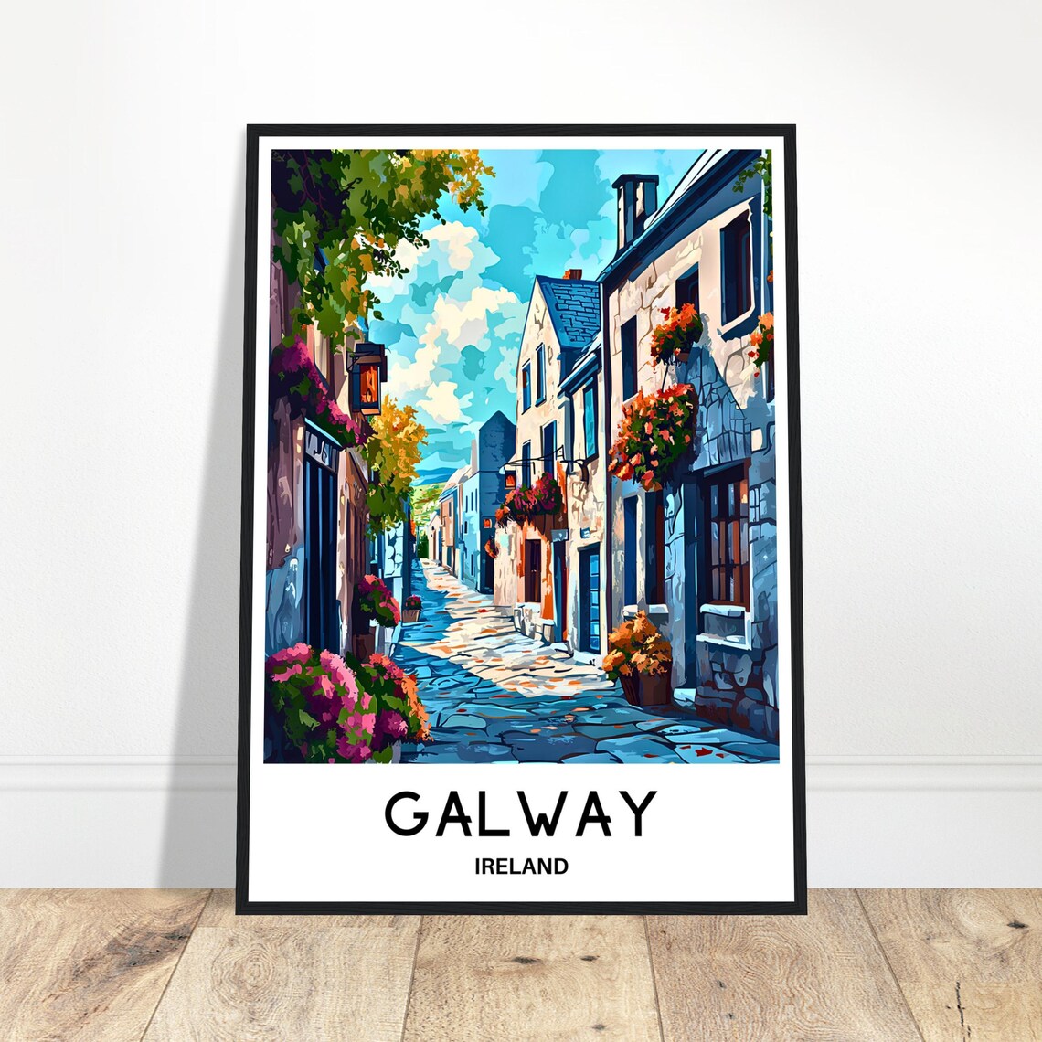 Galway Ireland Cobblestone Lane Illustrated Vintage Travel Poster