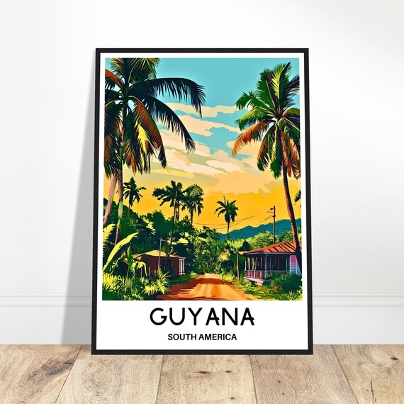 Guyana South America Tropical Palms Village Vintage Travel Poster