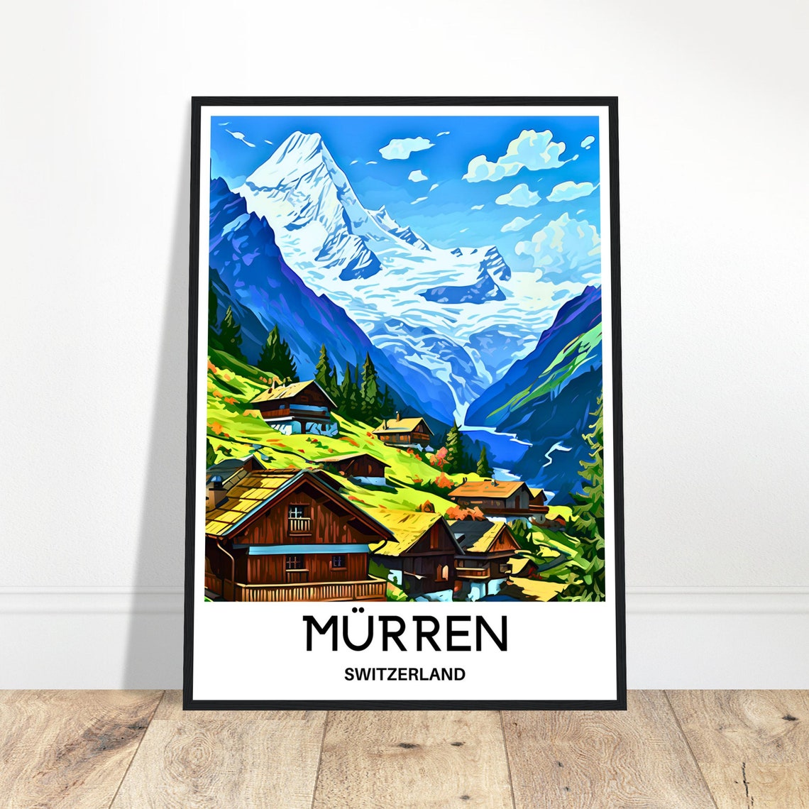 Murren Alpine Village Chalets Beneath a Snowy Swiss Peak Poster
