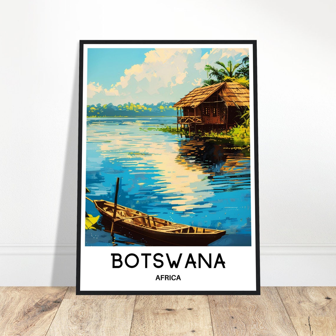 Botswana Africa Stilt Hut Canoe River Sunset Delta Scene Poster