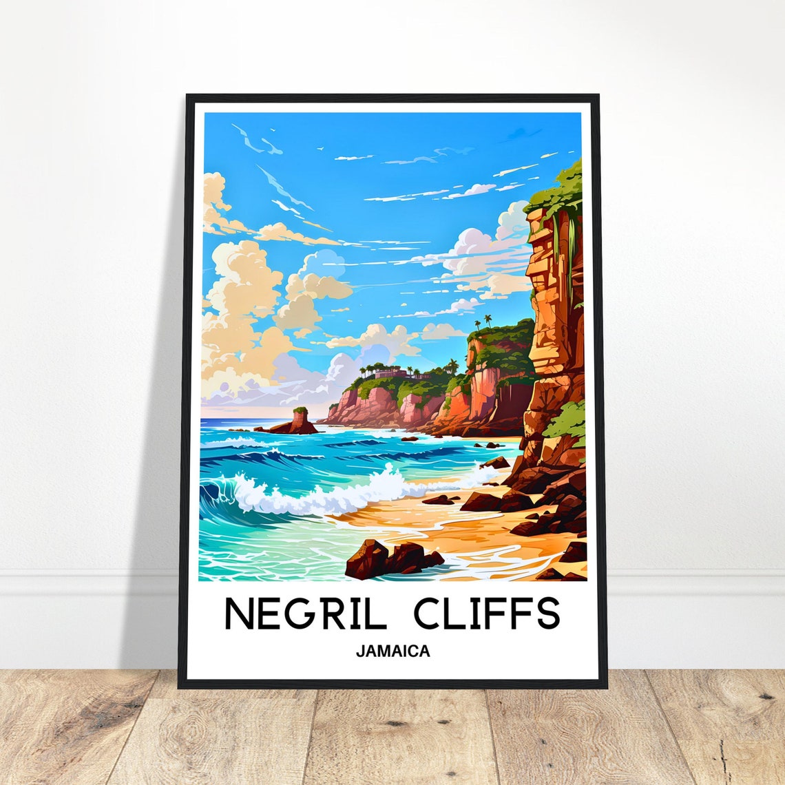Negril Cliffs Jamaica Beach Turquoise Waves Illustration Poster