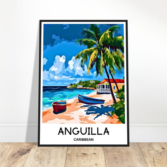 Anguilla Caribbean Beach Boats Palm Colorful Travel Art Poster