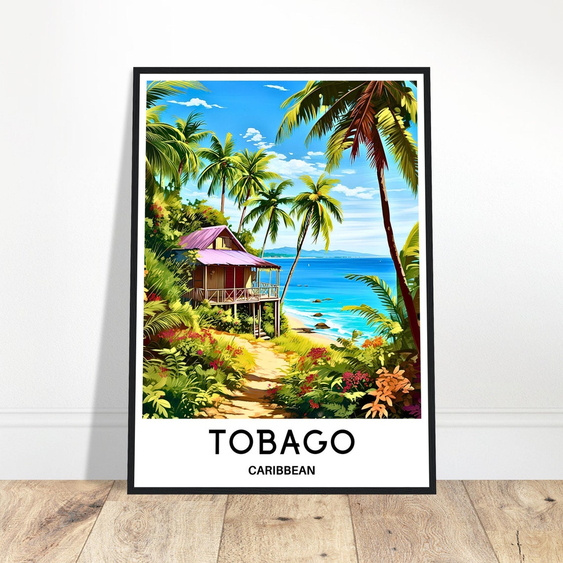 Tobago Caribbean Beach Hut Palm Trees Tropical Paradise Poster