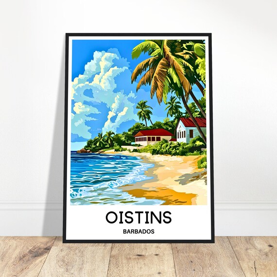 Oistins Barbados Palm Beach Tropical Illustration Travel Poster