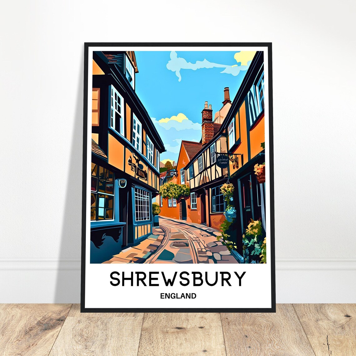 Shrewsbury England Tudor Street Cobblestone Town Travel Poster